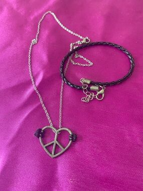 Heart Peace Pendant Necklace with Braided Leather free Bracelet - Silver & Black